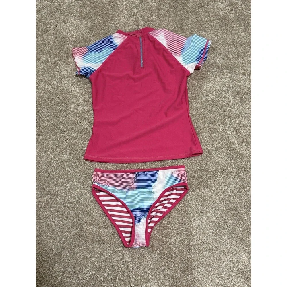 Eddie Bauer Girls Swimsuit Set Short Sleeve Rash Guard Bikini Bottoms   Size 7/8